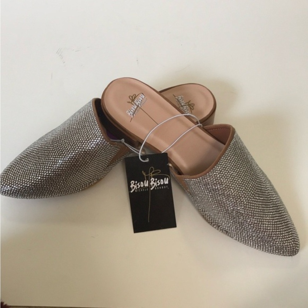 Bisou Bisou silver rhinestone slip on mules 6.5